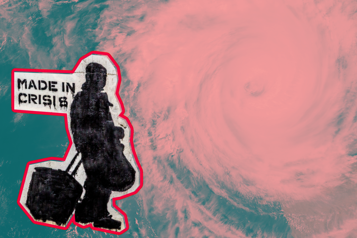 graffiti outline of a person with a suitcase with words "made in crisis" all over hurricane image