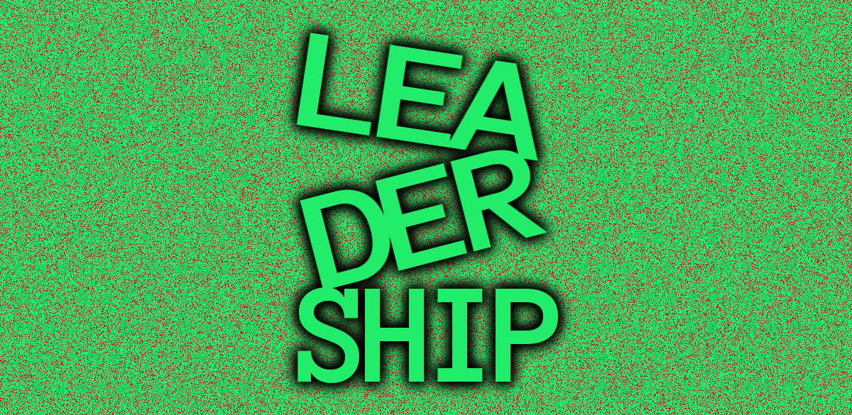 green speckled banner with the word leadership broken in 3 and stacked zigzag in the center